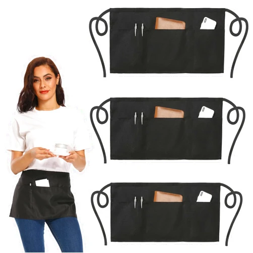 NOBONDO 3 Pack Waitress Aprons with 3 Pockets - Waist Aprons for Women Men Commercial Waiter Half Apron with Extra Long Straps Reinforced Seams for Restaurant Server