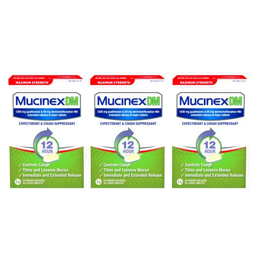 Mucinex DM 12 Hr Max Strength Expectorant & Cough Suppressant Tablets (Pack of 3/14 Count)
