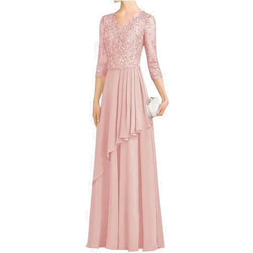 ASDW 3/4 Sleeve Mother of The Bride Dresses for Wedding V Neck Pleated Formal Evening Gown Long Mother of Groom Dress