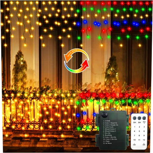 Echosari Outdoor Christmas Icicle Lights 10Ft Green Wire Battery Color Changing Fairy Icicle Lights 102LED with 18 Drops Timer Waterproof Dimmable Christmas Decor for Eaves Roof (Warm White & Multi-color)