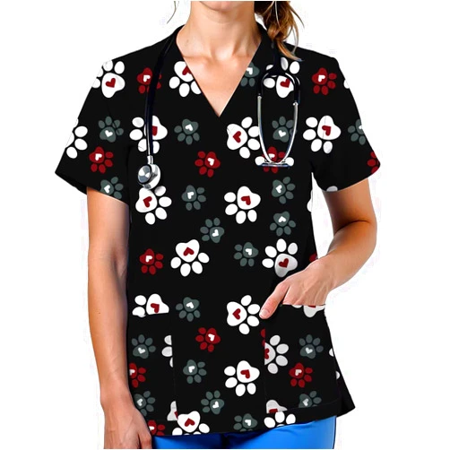 VillbeCoser Scrubs for Women V Neck Cute Printed Scrub Tops Medical Nurse Shirt Soft Casual Uniform with Pockets