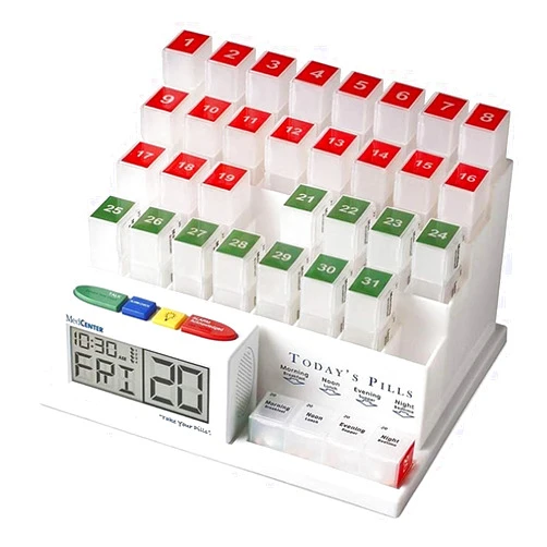 MEDCENTER Monthly Pill Organizer System 4 Times a Day, 31 Day Pill Organizer Box, with Talking Alarm Clock Reminding System, Monthly Pill Box for Medications, Vitamins, Daily Supplements