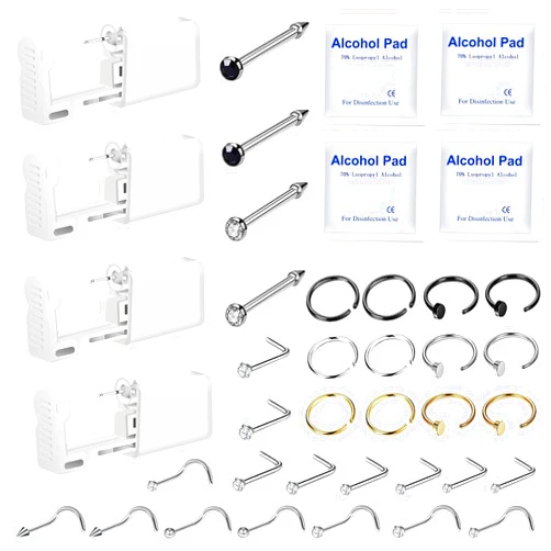 Rebim 4 Pack Self Nose Piercing Kit with free 20pcs Nose Rings Stud Tool, Disposable Safety Nose Percinging Kit Nose Piercings Gun Kit Tool