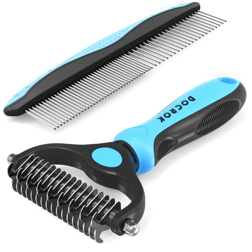 Docrok Pet Grooming Brush and Metal Comb Combo, Cat Brush Dog Brush for Shedding, Undercoat Rake for Dogs Grooming, Dematting Deshedding Brush Dogs Shedding Tool for Long matted Haired Pets, Blue