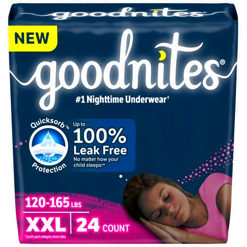 Goodnites Girls' Nighttime Underwear, Size XXL (120-165 lbs), 24 Ct (2 Packs of 12), Packaging May Vary