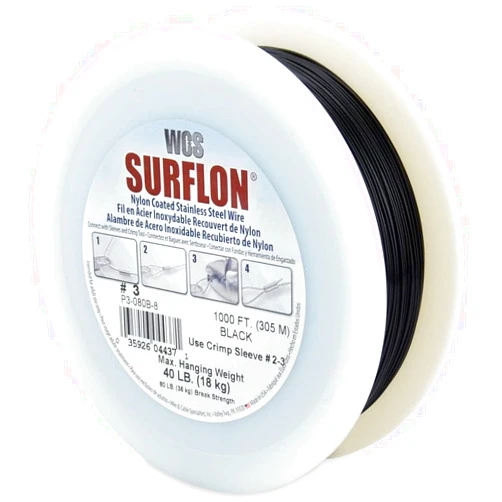 WCS WIRE AND CABLE SPECIALTIES, INC. Surflon, Nylon-Coated Stranded Stainless Steel Picture Crimping Wire, Black, Size #3, 40 lb / 18 kg, 1000 ft / 305 m