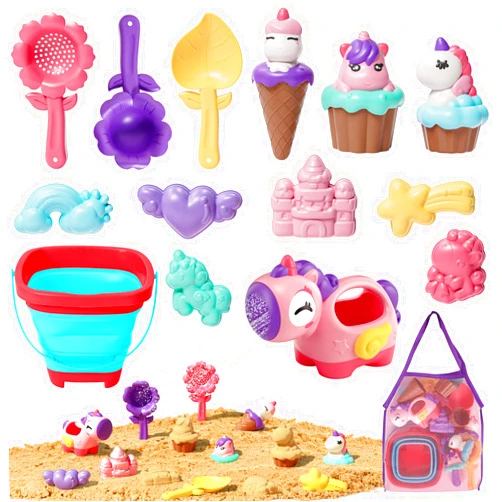 Lehoo Castle Ice Cream Sand Toys, Beach Toys with Unicorn, Cake, Castle Molds, Sandbox Toys for Girls with Collapsible Beach Bucket and Shovel Set, Toddler Girl Summer Toys for Outdoor Play