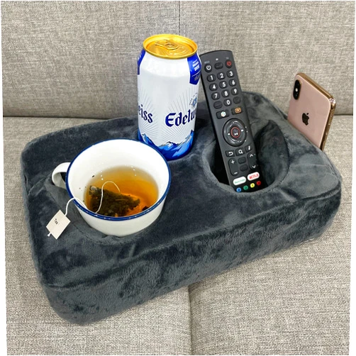 Xchouxer Couch Cup Holder Pillow, Couch Drinks Remotes Holder for Center of Couch, for Sofa, Bed, RV, Car (Gray)