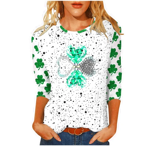 Generic Womens Saint Patricks Day Outfit Lucky Shamrock Graphic 3/4 Sleeve Tee Tops Casual Crewneck Pullover Ladies Shirts