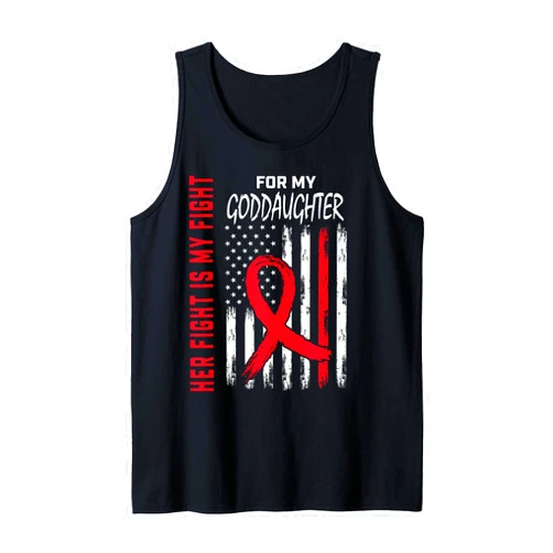Red Ribbon Heart Disease USA Flag Graphic Clothes Her Fight Is My Fight Goddaughter Heart Disease USA Flag Tank Top