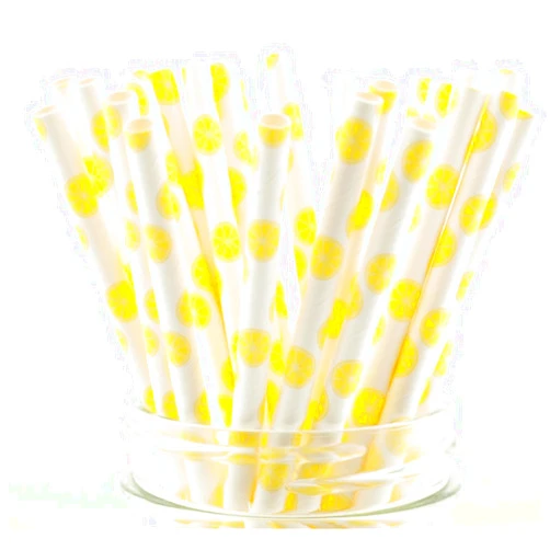 Food With Fashion Lemon Party Paper Straws - Cute Disposable Drinking Straws, Citrus/Lemon Themed Party Decor and Supplies, 25 Pack