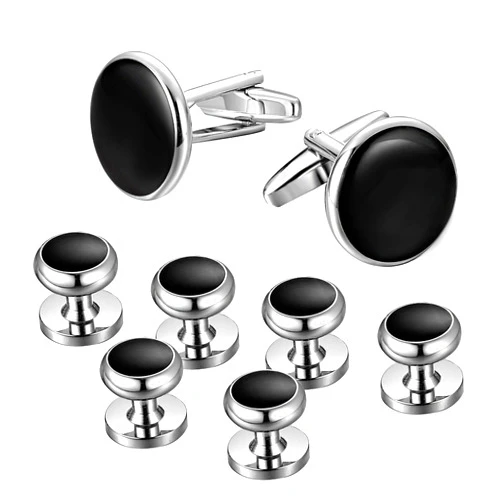 Jstyle Mens Cufflinks and Studs Set Tuxedo Shirts Classic Black&Silver Match for Business Wedding Formal Suit