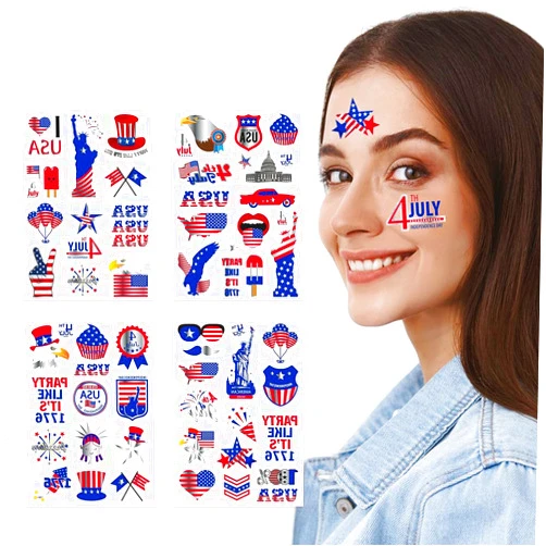 Hofar 4 Sheets 4th of July Temporary Tattoos Stickers Independence Day Face Eye Tattoo Sticker Waterproof Sweatproof American Flag USA Star Patriotic Memorial Day for Adult Kids
