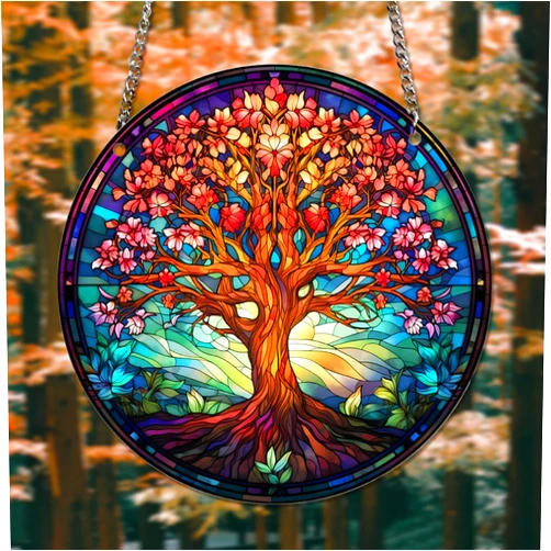 HOTIYOK Tree of Life Acrylic Window Hangings Big Tree Suncatcher Stained Glass Panels Wall Decor for Indoor, Ideal Housewarming Gift Home Decor for Mom Grandma Wife Teacher