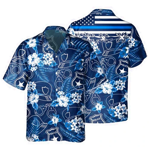 Custom Police Hawaiian Shirts Law Enforcement Thin Blue Line Flag Hawaii Shirts for Police Officer Blue Lives Matter American Flag Patriotic Shirts