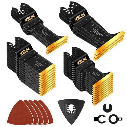 KELIN 26pcs Titanium Oscillating Tool Blades Kit with Sanding Pad, 4 Sizes Multitool Blades for Metal and Wood Oscillating Saw Blades Set Fit Bosch Fein Milwaukee Ryobi Dewalt (35PCS IN TOTAL PACKAGE)