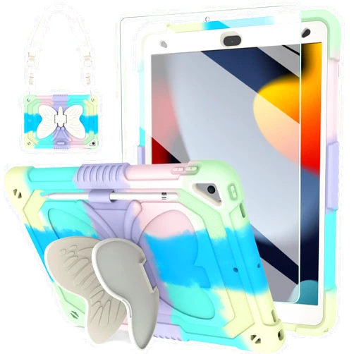 BLOSOMEET iPad Case 10.2 inch 2021 with Tempered Glass Screen Protector,BLOSOMEET iPad 9th/8th/7th Generation Case w/Stand Pencil Holder & Shoulder Strap,Colorful Green