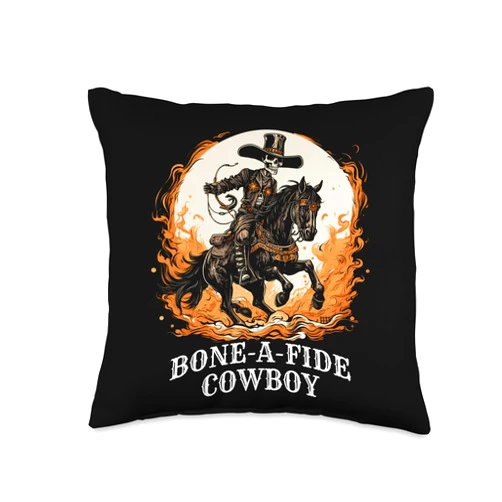 Rancher Threads Bone-A-Fide Halloween Cowboy Spooky Skeleton Rodeo Horse Throw Pillow, 16x16, Multicolor