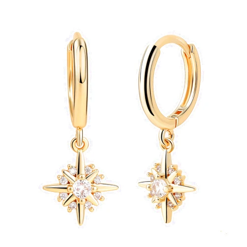 BAREEK Gold Star Earrings for Women 14K Gold Plated Hoop Dangle Cubic Zirconia Hypoallergenic True Non Tarnish Dainty Simple Jewelry Cute Gifts for Wedding Birthday Christmas/Sun Star Earring Gold