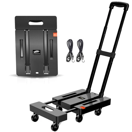 SPACEKEEPER Folding Hand Truck, 500 LB Heavy Duty Luggage Cart, Utility Dolly Platform Cart with 6 Wheels & 2 Elastic Ropes for Luggage, Travel, Moving, Shopping, Office Use, Black