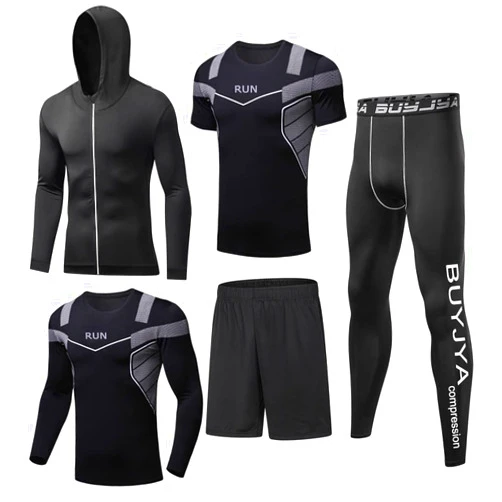 BUYJYA 5Pcs Men's Compression Pants Shirt Top Long Sleeve Jacket Athletic Sets Gym Clothing Mens Workout