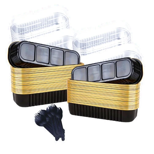 Fodofodo 20PCS Rectangle Mini Loaf Pans With Lids,Mini Cake Pans with Lids,Disposable Ramekins Baking Cups Muffin Tins Cupcake Cups For Wedding Birthday Party,6.8oz（Black Gold）