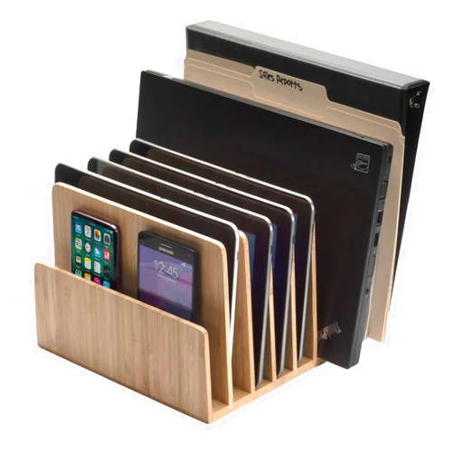 MobileVision Bamboo Device Organizer for Smartphones, Tablets and Laptops, 7 Slots with Extra Wide Slots for Laptops
