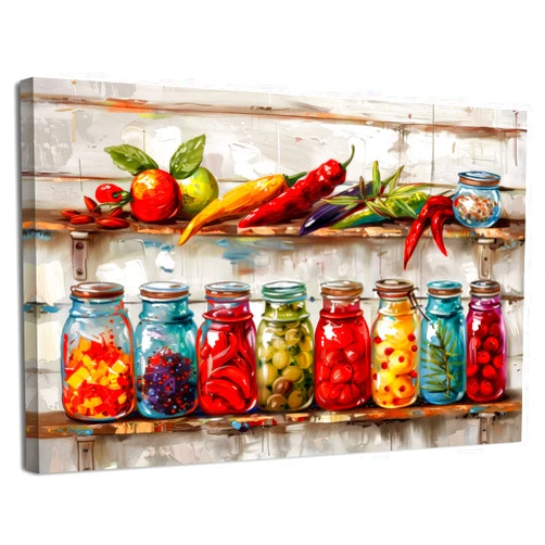 AIYISU Colorful Kitchen Wall Decor Mason Jar Canvas Wall Art Farmhouse Spices Food Prints Pictures Rustic Still Life Painting Vintage Vegetables Poster Artwork for Dining Room Home Decorations 12x16