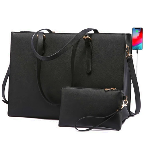 LOVEVOOK Laptop Bag for Women, Fashion Computer Tote Large Capacity, Leather Shoulder Bag Purse Set, Professional Business Work Briefcase for Office Lady 2PCs, Fit 15.6 Inch Laptop, Black