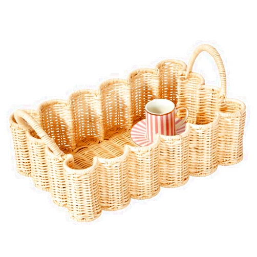 BEBE BASK Unique Wavy Scalloped Rattan Tray - Small Hand Woven Rattan Tray - 19 x 9 x 6.5 in - Scalloped Wicker Tray - Scalloped Rattan Tray - Scalloped Basket Tray