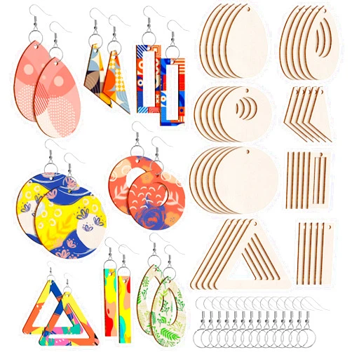 Anjmd 280 Pieces Unfinished Wooden Earrings Blanks Wooden Teardrop/Circle/Triangle/Rectangle Shapes Earrings Pendants Wood Earring Pendant Pieces with 100 Pieces Hooks & 100 Pieces Rings