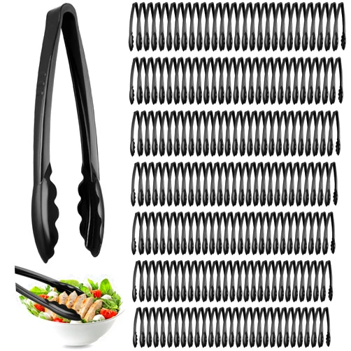 Tessco for you 200 Pcs Plastic Tongs for Serving Bulk, 9 Inch Plastic Disposable Serving Tongs, Heavy Duty Salad Tong for Kitchen, Buffet, BBQ, Events & Catering (Black)