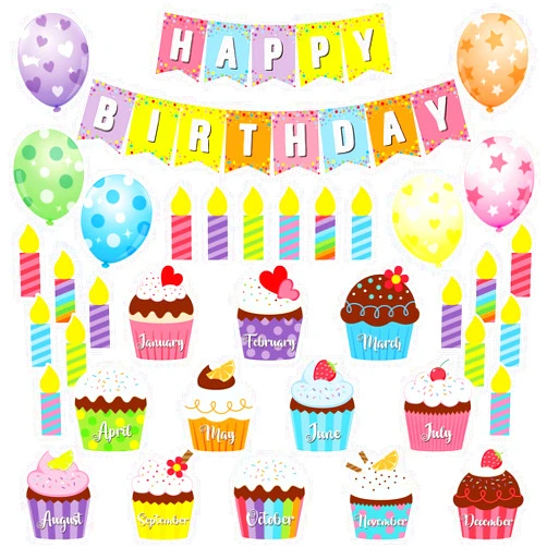 Leinuosen 45 Pieces Happy Birthday Bulletin Board Set Birthday Bulletin Board Decorations Classroom Chart Calendar Balloon Candle Cupcake Cutouts for Calendar Classrooms(Colorful)