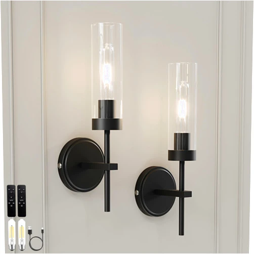 Seasonize Black Battery Operated Wall Sconce Set of 2, Wireless Wall Sconces with Remote Control, Rechargeable 3000K Dimmable Wall Light for Bedroom Living Room Bathroom Hallway Entryway Stairwell
