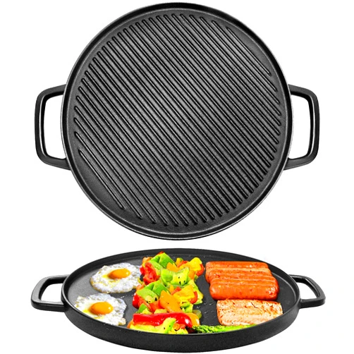 GGC Reversible Cast Iron Griddle, Double-sided Griddle Pan for Stove Tops, Gas Grills and Outdoor Cooking, 14 inch Grill Griddle with Baking Flat and Ribbed