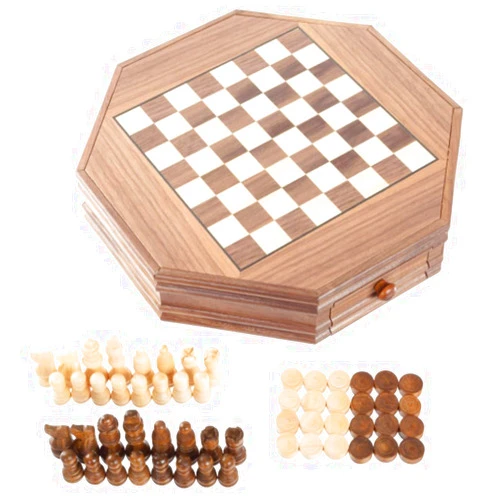 Trademark Global Octagonal Chess Set - Wooden Chessboard with 2 Storage Drawers and Carved Staunton Pieces - Classic Board Game for Kids and Adults by Trademark Games