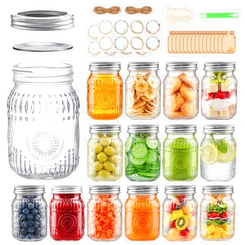 Igoelove 16oz Glass Mason Jars with Embossed Pattern, 15-Pack Pint Canning Jars with Airtight Lids for Fermenting,Overnight Oats,Pickling,Preserving,Ideal for Centerpieces,DIY Crafts,or Wedding Favors