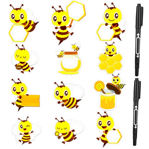 Moinchore 100 Pcs Bee Bulletin Board Cutouts with 2 Pcs Marker Pens Paper Bee Greeting Name Tags Spring Summer Labels for Teacher Student Craft Back to School Party Supplies