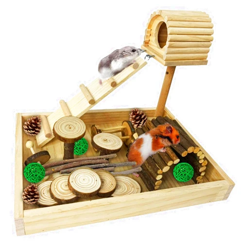 Hamiledyi Wooden Hamster Platform Toy Hamster Activity Playground Guinea Pigs Hideout Small Animals Activity Set with Ladder Ramp Bridge Chew Toys for Mouse Chinchilla Gerbil Rat Small Animals