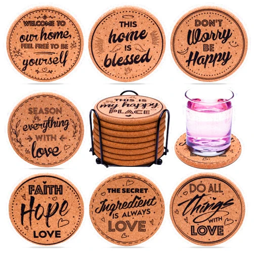Coasterlux Cork Coasters for Drinks Absorbent with Holder - Cute & Funny Set of 8 Large Round Outdoor Cup Wooden Table Protection, Coffee Trivet, Cups and Mugs Cool Drink Coaster Gift