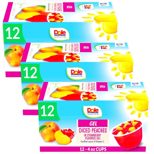 Dole Fruit Bowls Peaches in Strawberry Flavored Gel Snacks, 4.3oz 12 Total Cups, Gluten & Dairy Free, Bulk Lunch Snacks for Kids & Adults (Pack of 3)