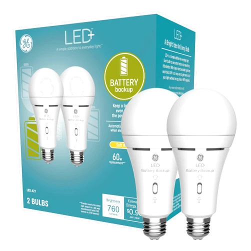 GE Lighting GE LED+ Backup Battery LED Light Bulbs, A21 Rechargeable Emergency Light for Power Outages + Flashlight, Soft White (2 Pack)