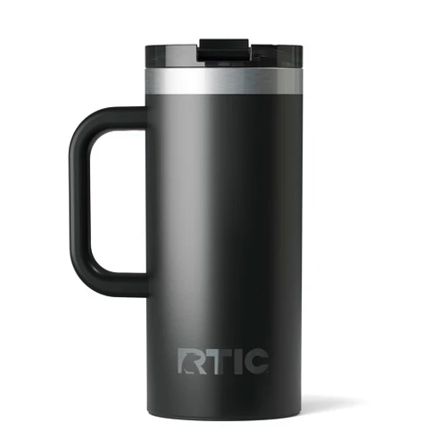 RTIC 16oz Road Trip Travel Mug with Lid and Handle, Ceramic Lined, Insulated, Stainless Steel, Metal, Double Wall Vacuum-Insulation, Portable Coffee, Tea Cup for Hot and Cold Drink, Black