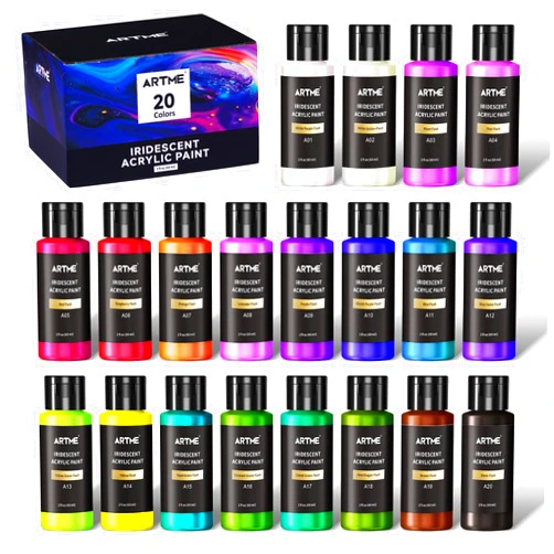 Artme Iridescent Acrylic Paint Set, 20 Chameleon Colors in 2 oz/60ml Bottles, Color-shifting Acrylic Paint, Color Change Paint Perfect for Artists, Beginners on Canvas, Rocks, Wood, Fabric, Ceramic