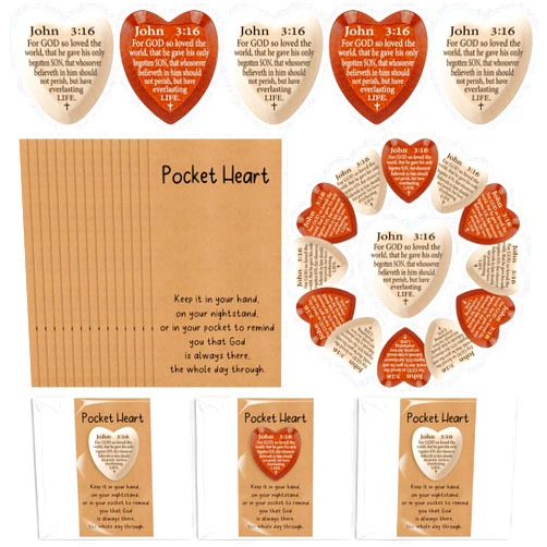 Leinuosen 100 Set Christian Valentine Gifts John 3: 16 Pocket Hug Heart Token Wooden Bible Verses Token with Prayer Cards for Church Supplies Sunday School (Wood Retro)