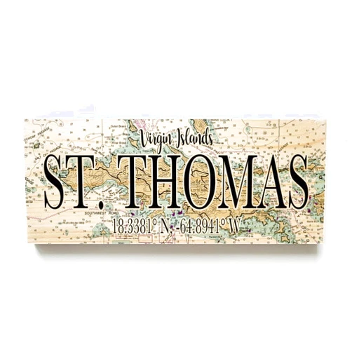 MapMom St Thomas Virgin Islands 3x9 Wood Coordinate Wall Hanging Sign; Shelfsitter | High Definition Ink Printed On Wood Home Décor Map | Ready to Hang | Perfect Gift for the Perfect Place