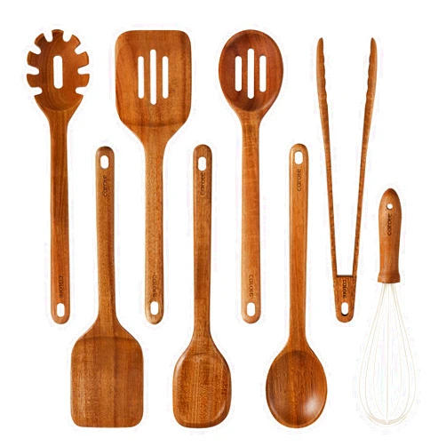 CAROTE Wooden kitchen Utensils Set, Acacia Wood 8pcs Cooking Utensil Set for Nonstick Cookware, Long-lasting Wooden Spoons for Cooking, Spatula, Turner