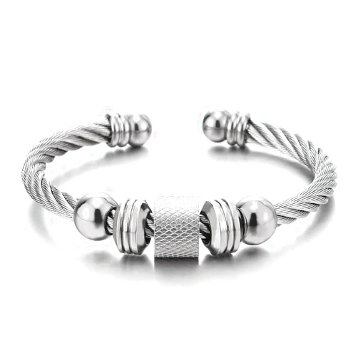 COOLSTEELANDBEYOND Steel Twisted Cable Cuff Bangle Bracelet for Men Women with Beads Charms, Polished Adjustable