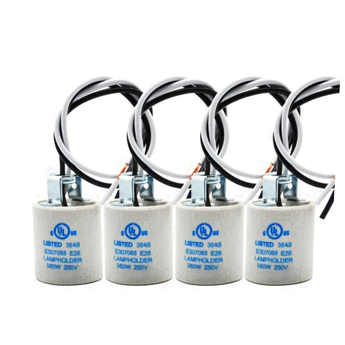 EMNOOTI E26 Socket,Ceramic Standard Medimun Screw Socket E26 E27 Bulb Lamp Holder,E26 Light Socket with Wire Lead for Halogen Incandescent LED Light Bulb (4-Pack)