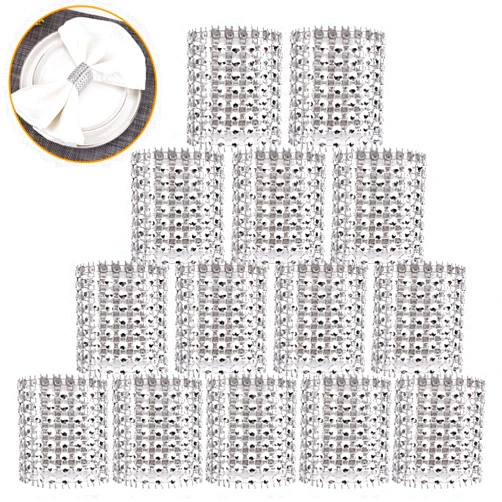 Wotoban Bling Napkin Rings Set of 150, Rhinestone Silver Napkin Rings Diamond Adornment Napkin Holder Bulk for Wedding, Dinner, Party, Table Decorations, White